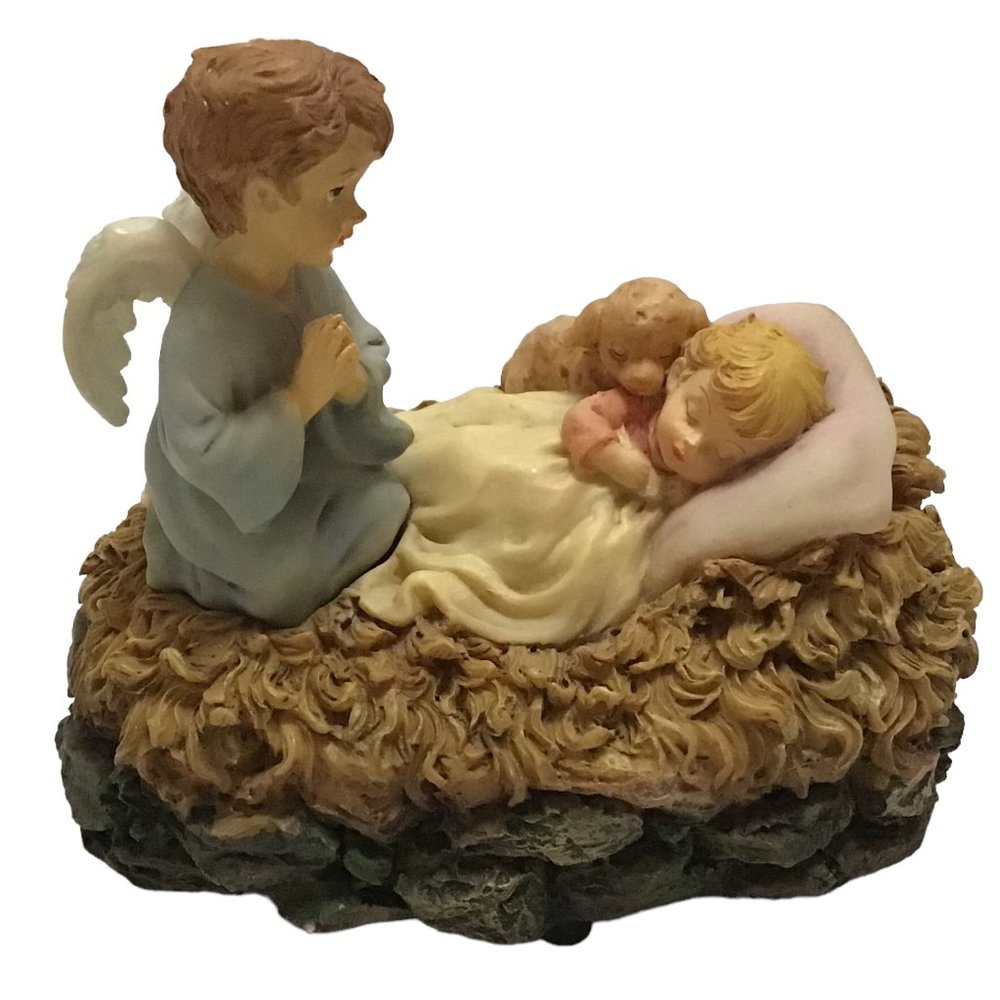 O Holy Night Musical Baby with Angel and Lamb Sankyo Resin Christmas Holiday